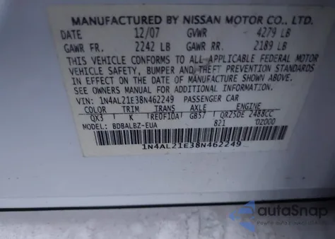2008 Nissan Altima 2.5 S from USA, damaged, VIN 1N4AL21E38N462249